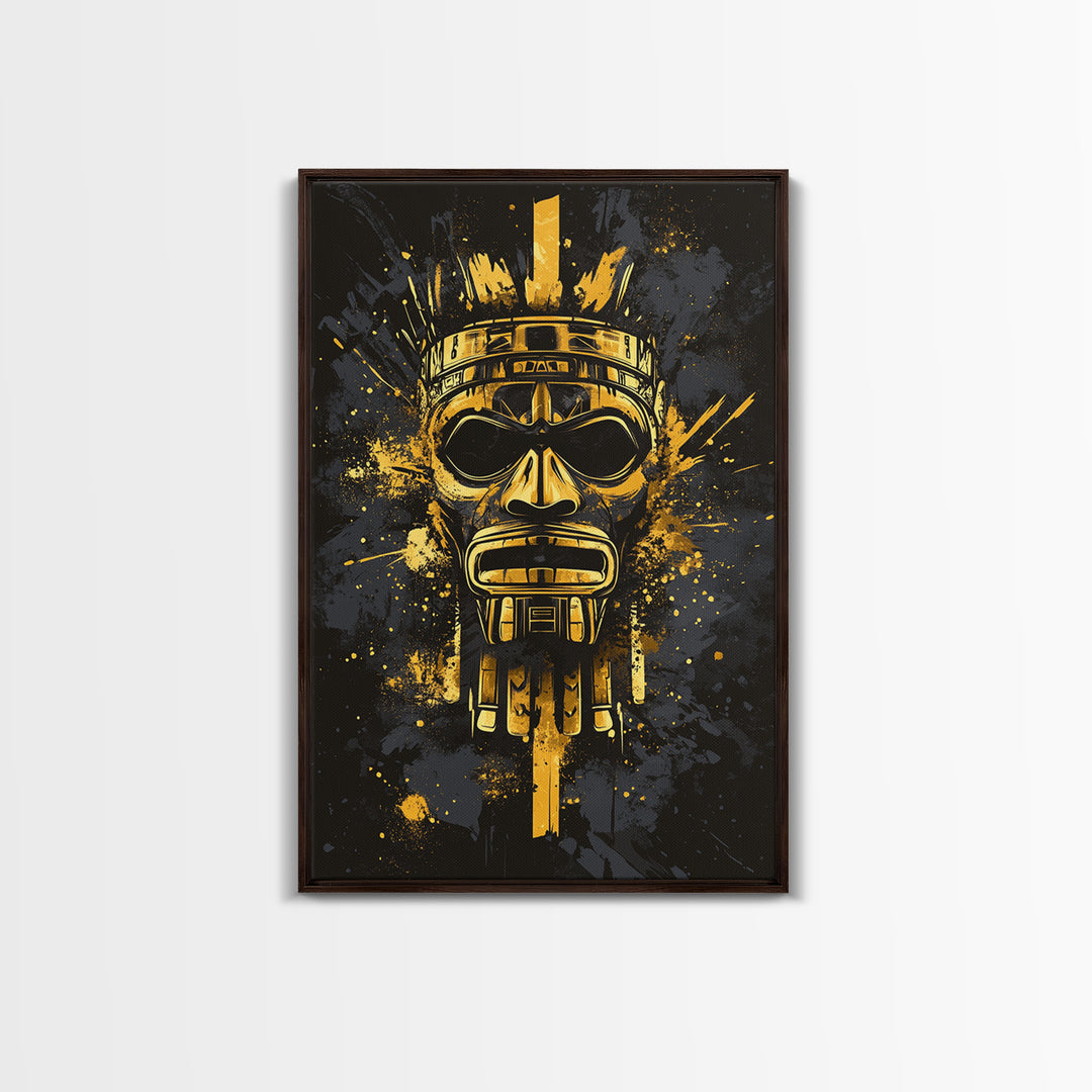 Aztec Chief Mask Gold Canvas Print, Tribal Heritage Wall Art, Splatter Ink Style, Real Wood Frame, Striking Home Accent