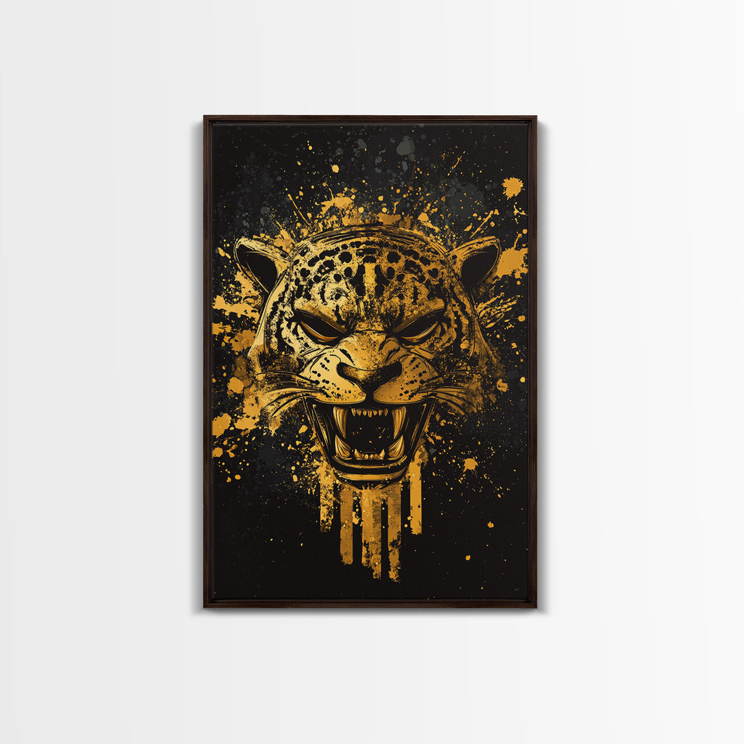 Jaguar Warrior Gold Canvas Print, Aztec Animal Spirit Wall Art, Splatter Ink Style, Real Wood Frame, Fierce Tribal Decor