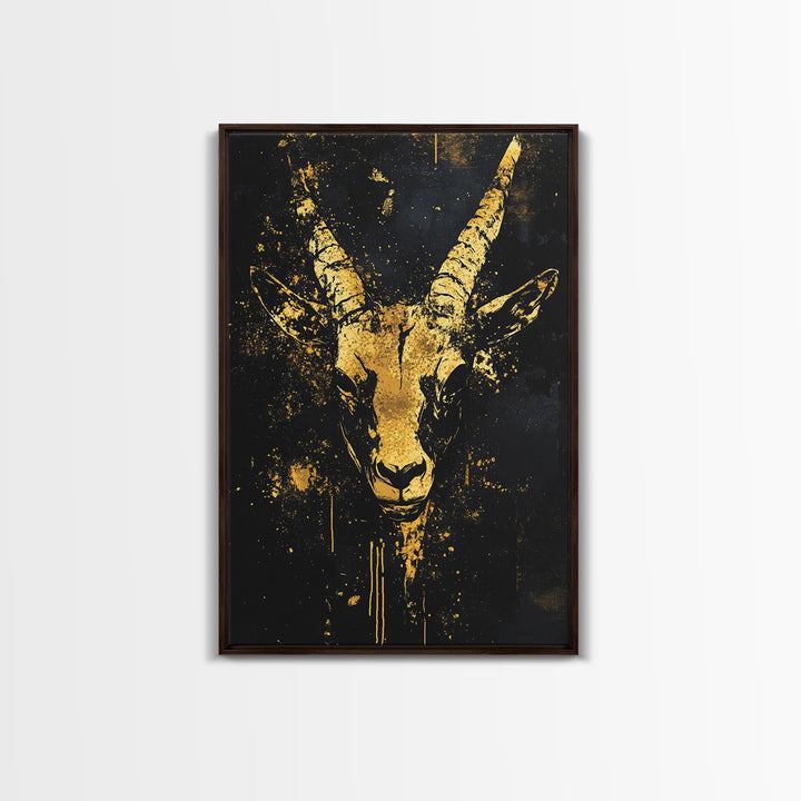 Antelope Spirit Gold Canvas Print, Tribal Wildlife Wall Art, Splatter Style Ink, Real Wood Frame, Minimalist Statement Decor