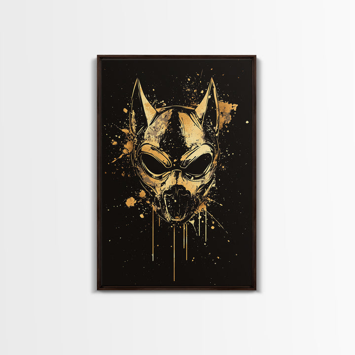 Dog Spirit Mask Gold Canvas Print, Tribal Guardian Wall Art, Splatter Style Ink, Real Wood Frame, Fierce Bold Home Decor