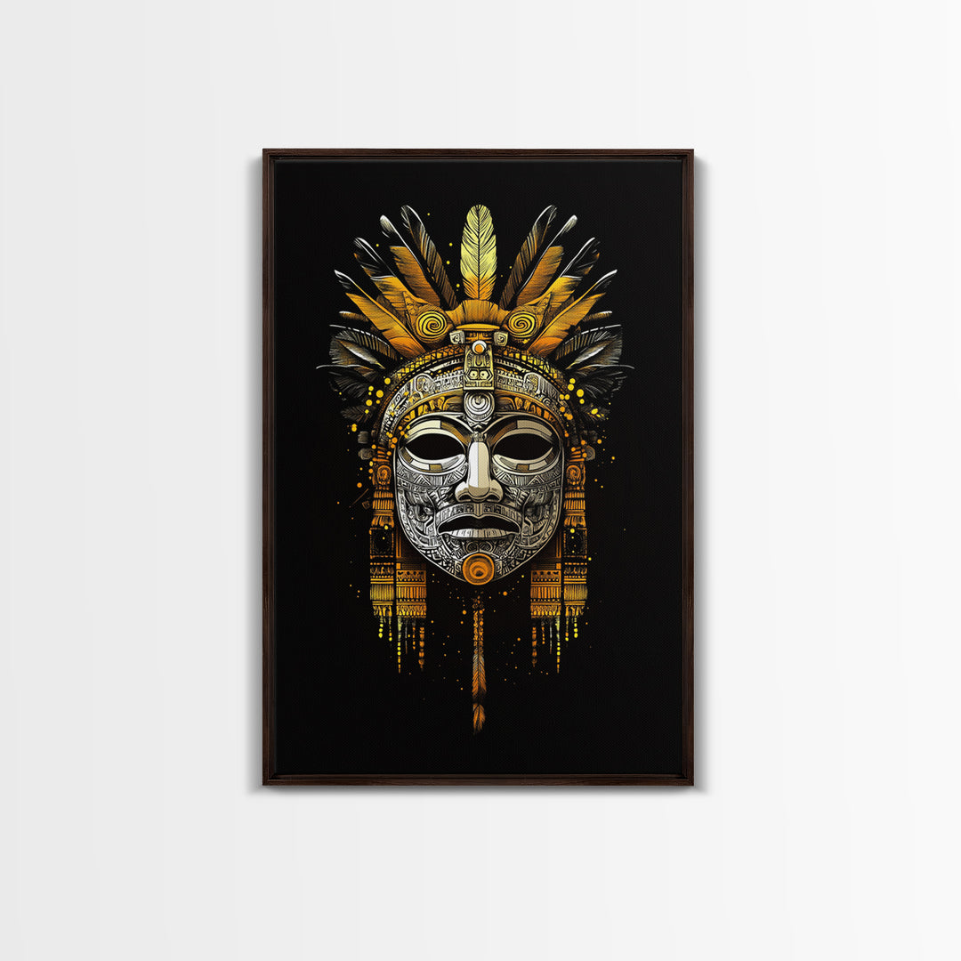 Aztec Feathered Mask Gold Canvas Print, Ornate Tribal Face Art, Ethnic Wall Hanging Decor, Real Wood Frame