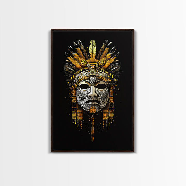 Aztec Feathered Mask Gold Canvas Print, Ornate Tribal Face Art, Ethnic Wall Hanging Decor, Real Wood Frame