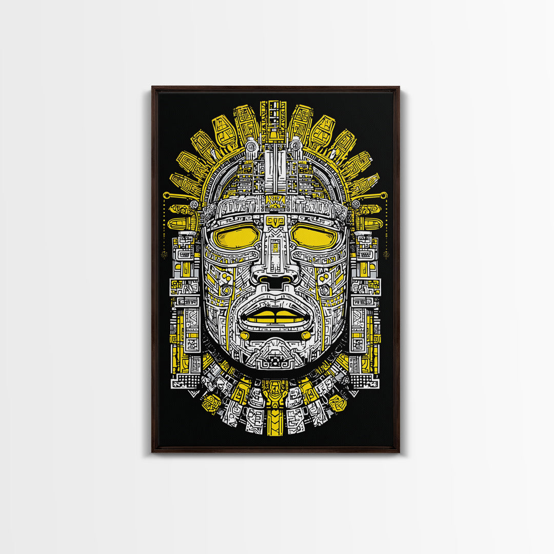 Aztec Sun Mask Gold Canvas Print, Bold Tribal Face Artwork, Ancient Splatter Style Wall Decor, Real Wood Frame