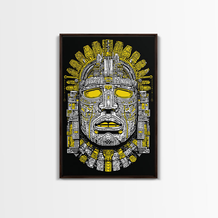 Aztec Sun Mask Gold Canvas Print, Bold Tribal Face Artwork, Ancient Splatter Style Wall Decor, Real Wood Frame