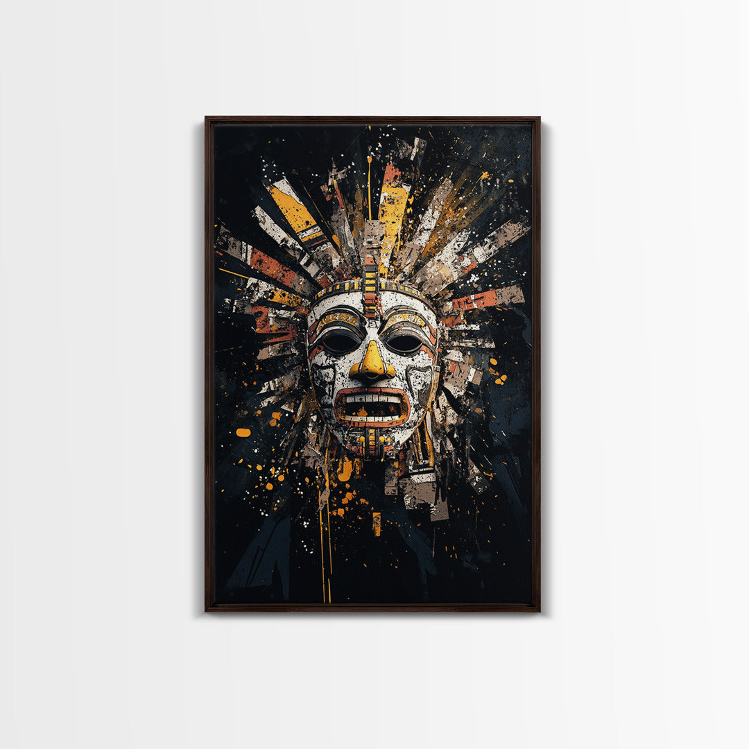 Aztec Feather Headdress Gold Canvas Print, Ornate Tribal Face Artwork, Mythic Wall Decor, Real Wood Frame
