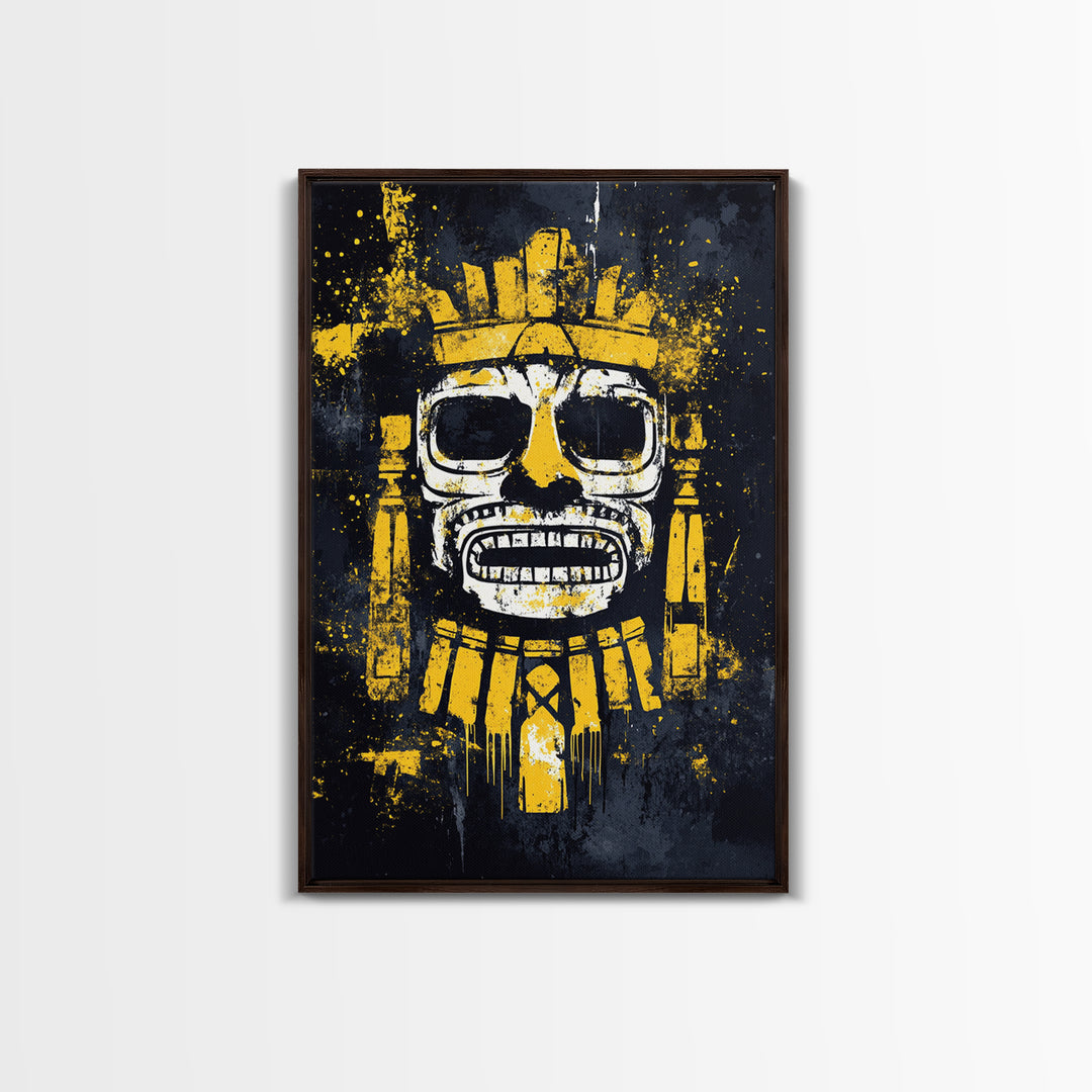 Aztec Feathered Warrior Gold Canvas Print, Ornate Tribal Face Artwork, Ancient Wall Decor, Real Wood Frame