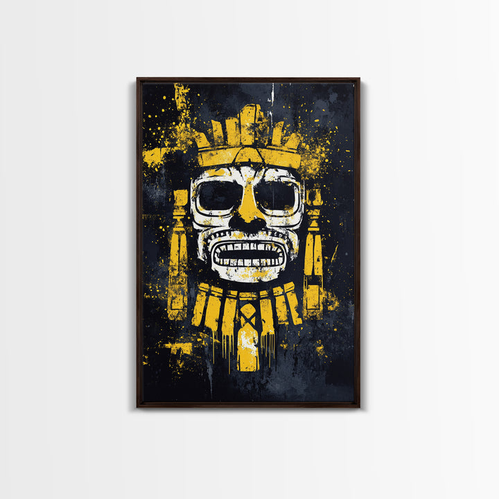 Aztec Feathered Warrior Gold Canvas Print, Ornate Tribal Face Artwork, Ancient Wall Decor, Real Wood Frame