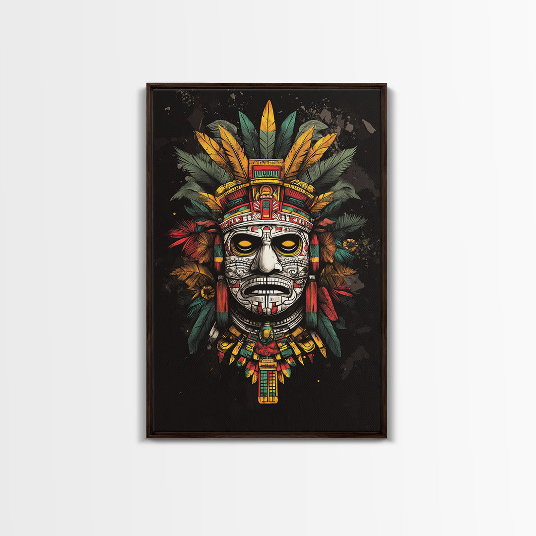 Aztec Sun God Mask Gold Canvas Print, Ornate Tribal Face Artwork, Ancient Mythic Wall Hanging Decor, Real Wood Frame