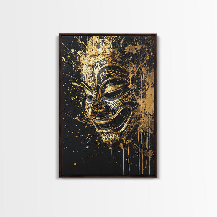 Traditional Mask Gold Canvas Art, Intricate Wall Art, Cultural Spirit Artwork, Real Wood Frame, Unique Splatter Pattern Home Decor