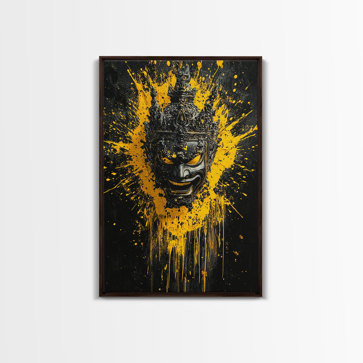 Tribal Mask Gold Canvas Print, Modern Splatter Art, Cultural Wall Decor, Bold Tribal Artwork, Real Wood Framed