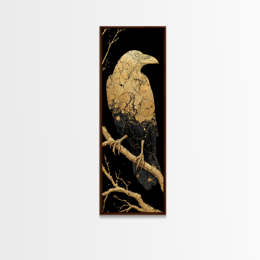 Odin’s Raven Huginn Canvas Gold Art Canvas Art, Norse Mythology Viking Wall Decor for Office or Man Cave, framed with real wood