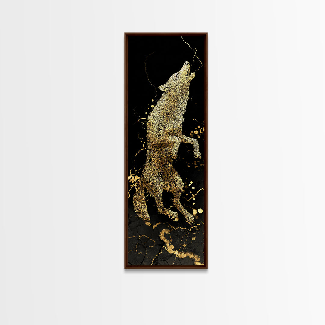 Wolf Fenrir Norse Mythology Canvas Gold Art Canvas Art, Viking Office Wall Decor for Men, framed in natural real wood