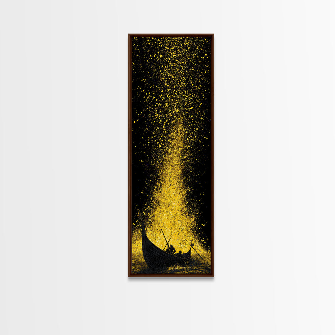Viking Funeral Ship Canvas Gold Art Canvas Art, Norse Mythology Wall Decor for Dad Gift or Office, framed in rustic wood