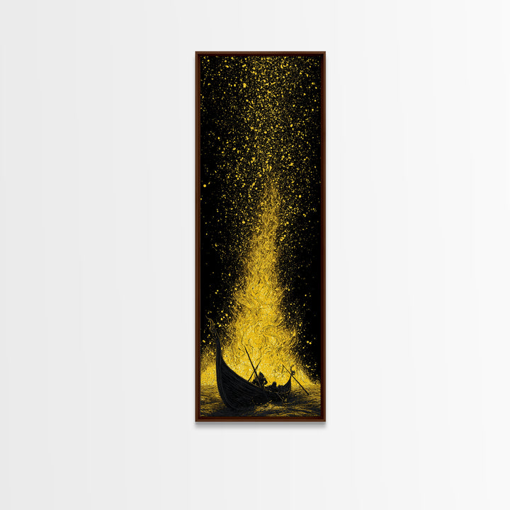 Viking Funeral Ship Canvas Gold Art Canvas Art, Norse Mythology Wall Decor for Dad Gift or Office, framed in rustic wood