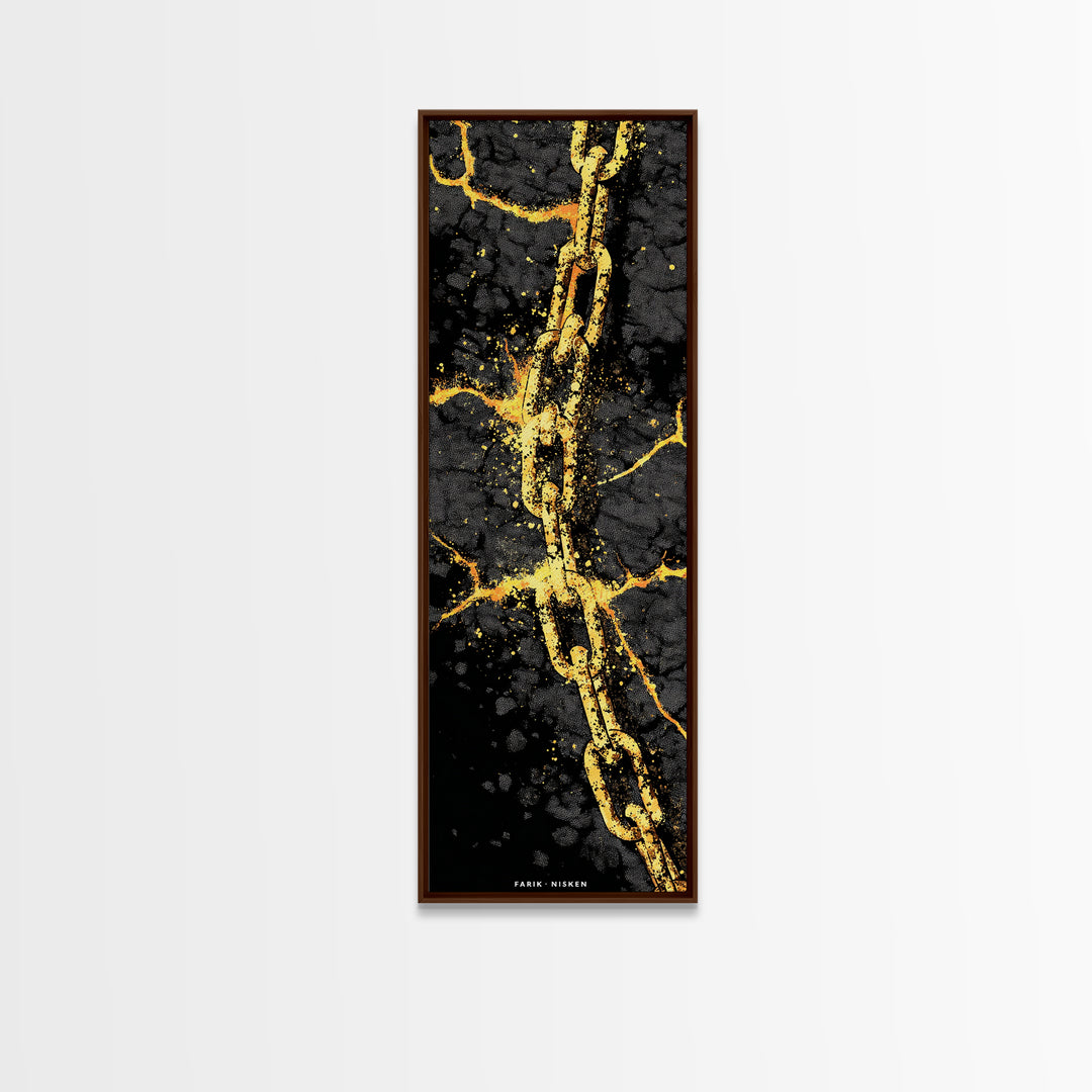 Gleipnir Chain of Fenrir Canvas Gold Art Canvas Art, Norse Mythology Viking Decor for Man Cave, in a natural wood frame