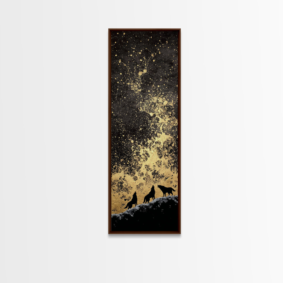Howling Wolves Norse Night Canvas Gold Art Canvas Art, Nordic Mythology Wall Art for Men’s Office, framed with real wood