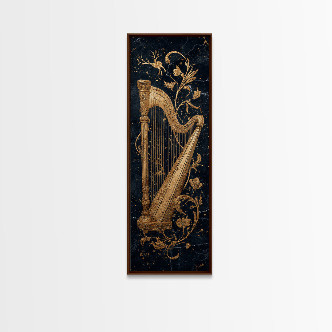 Golden Harp Nordic Wall Art, Wood Framed Canvas Art, Canvas Gold Art, Gold Leaf, Gold Foil Art