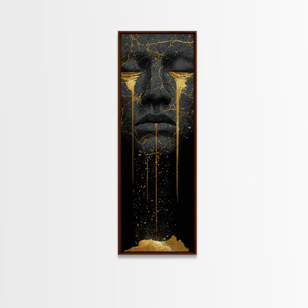 Crying Norse Mask Canvas Gold Art Canvas Art | Nordic Mythology Wall Decor for Man Cave or Office | Framed in Natural Wood