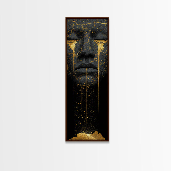 Crying Norse Mask Canvas Gold Art Canvas Art | Nordic Mythology Wall Decor for Man Cave or Office | Framed in Natural Wood
