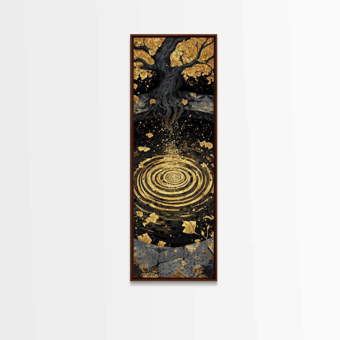 Yggdrasil Tree Canvas Gold Art Canvas Art | Nordic Mythology Wall Art of World Tree | Viking Office Decor Framed with Natural Wood