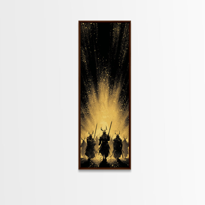 Norse Mythology Canvas Gold Art of Einherjar Warriors, Viking Canvas Art for Dad Gift or Office Art, Nordic Battle Scene Framed in Natural Wood