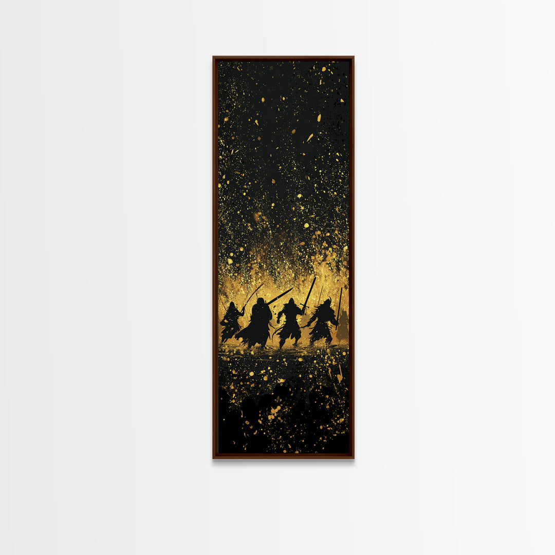 Viking Warriors Canvas Gold Art, Norse Mythology Canvas Art Depicting Heroic Einherjar, Man Cave and Office Wall Decor with Real Wood Framing