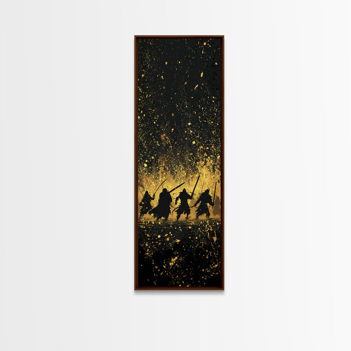 Viking Warriors Canvas Gold Art, Norse Mythology Canvas Art Depicting Heroic Einherjar, Man Cave and Office Wall Decor with Real Wood Framing