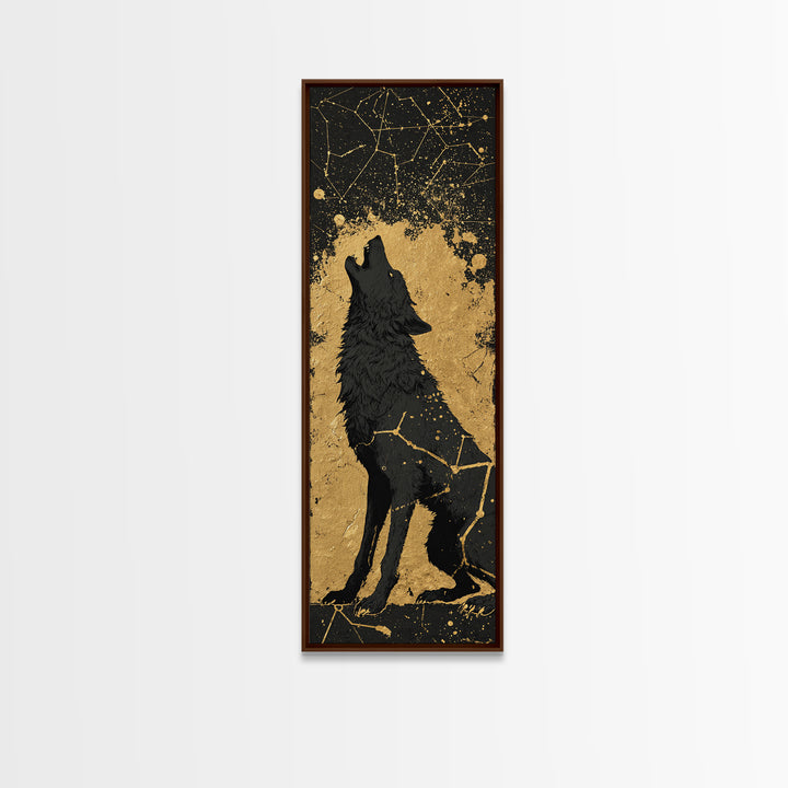 Fenrir Wolf Canvas Gold Art, Norse Mythology Canvas Art Depicting Legendary Wolf, Viking Office Art or Man Cave Decor with Real Wood Framing