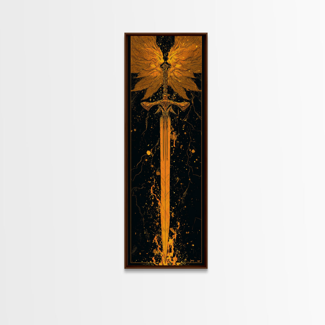 Norse Viking Sword Canvas Gold Art, Nordic Mythology Canvas Art Featuring Golden Weapon, Man Cave Office Wall Decor with Elegant Natural Wood Frame