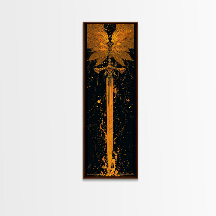 Norse Viking Sword Canvas Gold Art, Nordic Mythology Canvas Art Featuring Golden Weapon, Man Cave Office Wall Decor with Elegant Natural Wood Frame