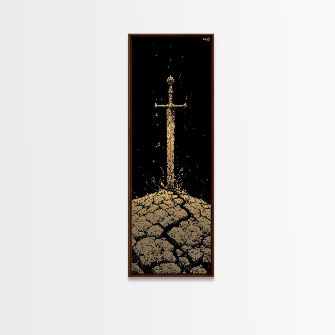 Sword of the North Canvas Gold Art – Viking Mythology Canvas Art for Man Cave or Office, framed in natural real wood