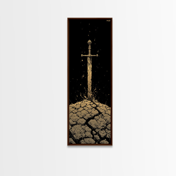Sword of the North Canvas Gold Art – Viking Mythology Canvas Art for Man Cave or Office, framed in natural real wood