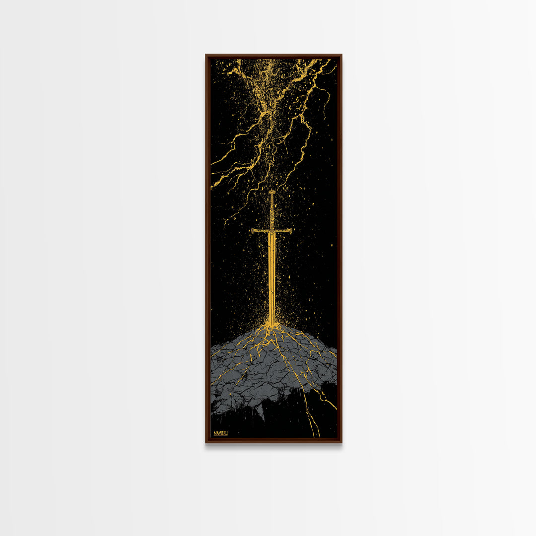 Viking Sword Under Thunder Canvas Gold Art – Nordic Mythology Canvas Art, bold wall décor for office, with real wood frame