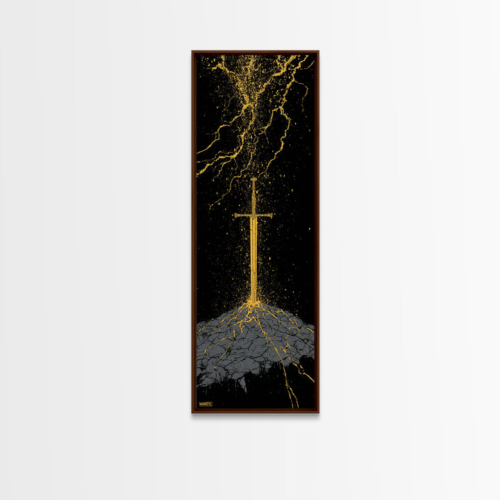 Viking Sword Under Thunder Canvas Gold Art – Nordic Mythology Canvas Art, bold wall décor for office, with real wood frame