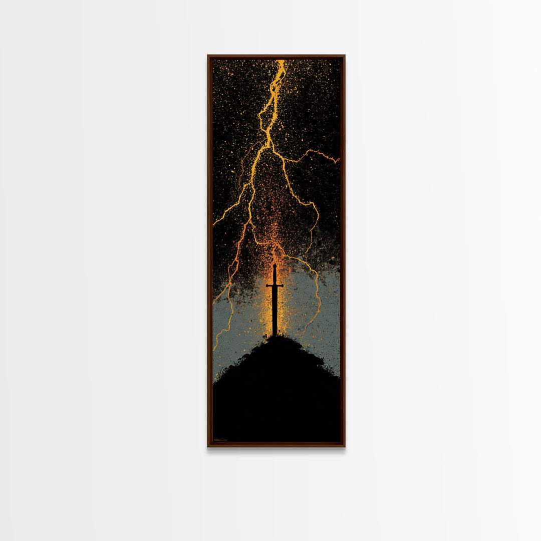 Mythic Norse Sword Canvas Gold Art – Viking-inspired Canvas Art, perfect Man Cave Art or Office Gift, framed in natural wood