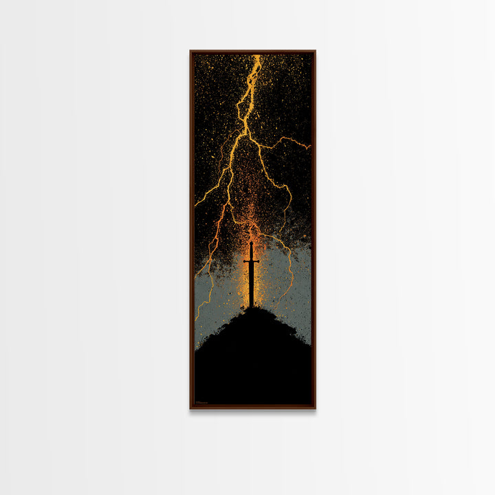 Mythic Norse Sword Canvas Gold Art – Viking-inspired Canvas Art, perfect Man Cave Art or Office Gift, framed in natural wood