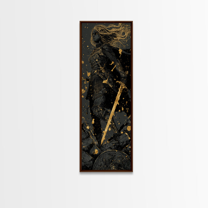 Nordic Shieldmaiden Hervor Canvas Gold Art – Epic Viking Canvas Art, Man Cave wall décor in real wood frame, Dad Gift