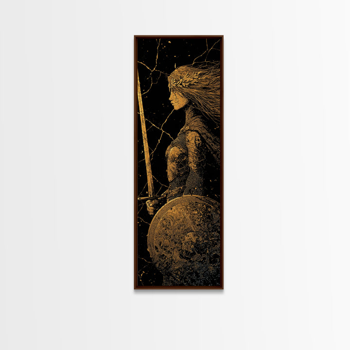 Hervor the Shieldmaiden Canvas Gold Art – Powerful Norse Warrior Canvas Art for Man Cave or Office, framed with real wood