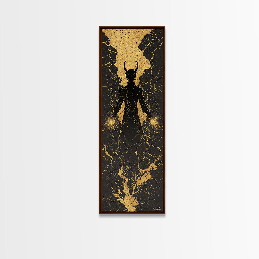 Loki Trickster God Canvas Gold Art – Dark Norse Mythology Canvas Art, Viking wall décor for men, framed in solid real wood