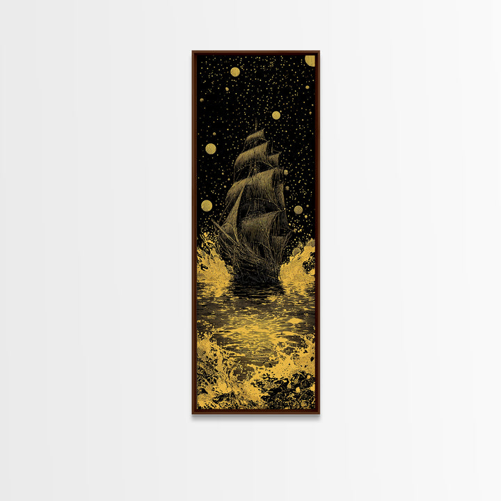 Naglfar Ship Norse Mythology Wall Decor, Canvas Gold Art Viking Canvas Art, Unique Dad Gift Office or Study Framed in Natural Wood