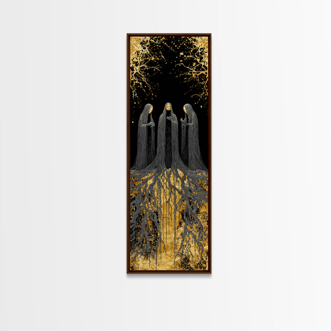 The Norns Canvas Gold Art, Viking Canvas Art of Norse Fates, Nordic Mythology Wall Hanging, Spiritual Office Art with Real Wood Frame