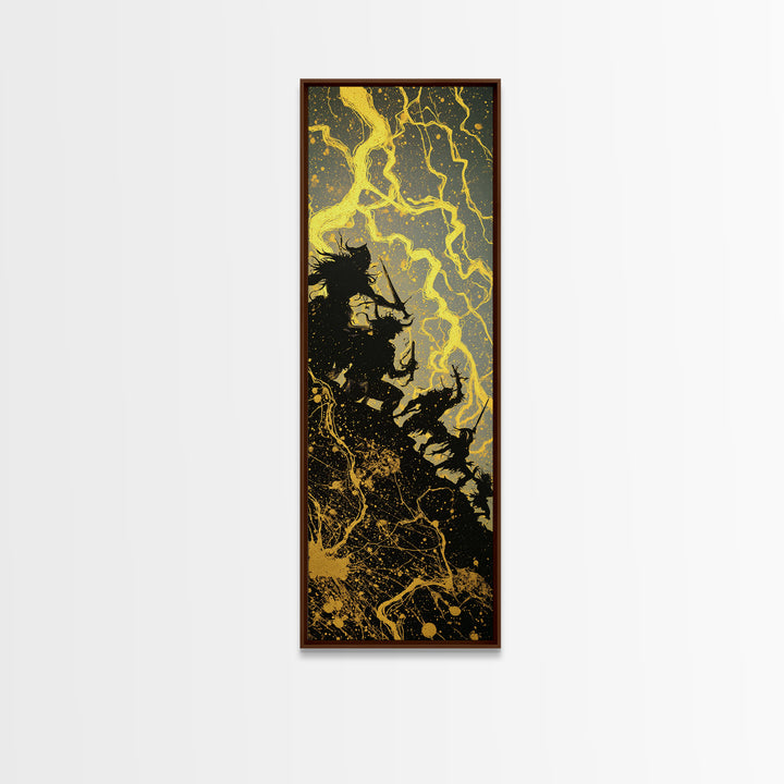Ragnarok Canvas Gold Art, Viking Canvas Art Epic Norse Mythology Battle Scene, Nordic Warrior Office Wall Decor Framed in Natural Wood
