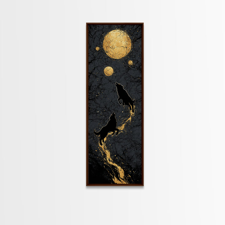 Sköll and Hati Wolves Canvas Gold Art, Viking Canvas Art Norse Mythology Wall Decor, Nordic Moon Wolves Office or Man Cave in Wood Frame