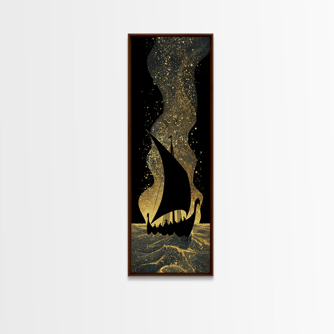 Nordic Viking Ship Canvas Gold Art, Mythology Inspired Canvas Art for Office or Man Cave, framed in authentic wood craftsmanship