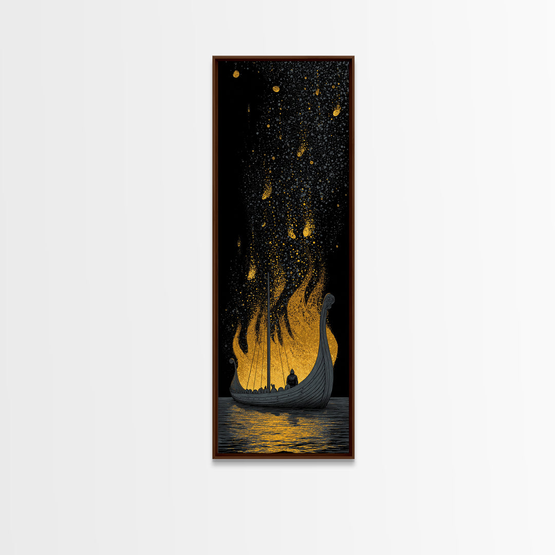 Viking Funeral Ship Canvas Gold Art, Norse Mythology Canvas Art framed with real wood, Nordic man cave wall art gift idea