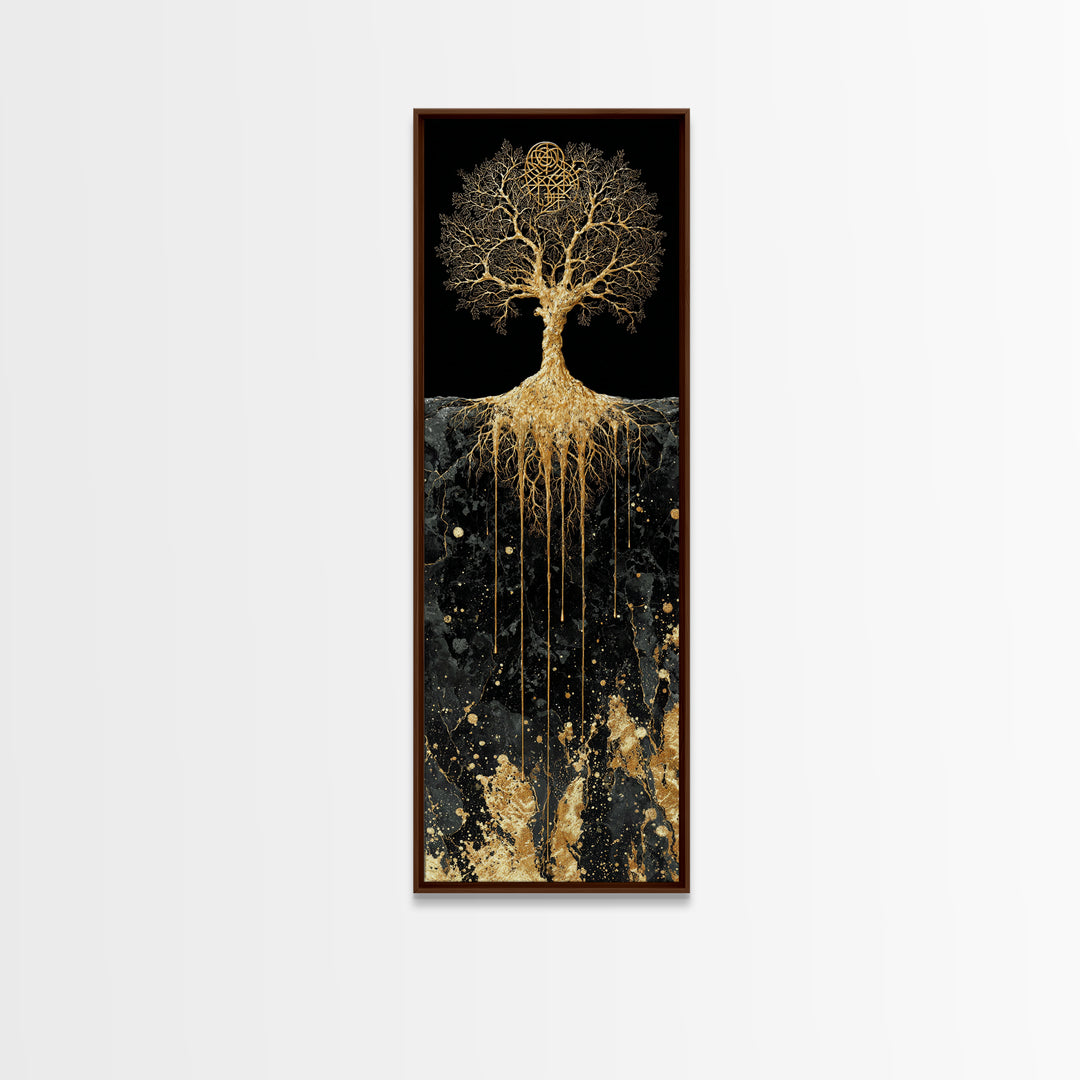 Canvas Art Yggdrasil Nordic Tree of Life, Canvas Gold Art framed with real wood, Norse Mythology inspired office or dad gift wall art
