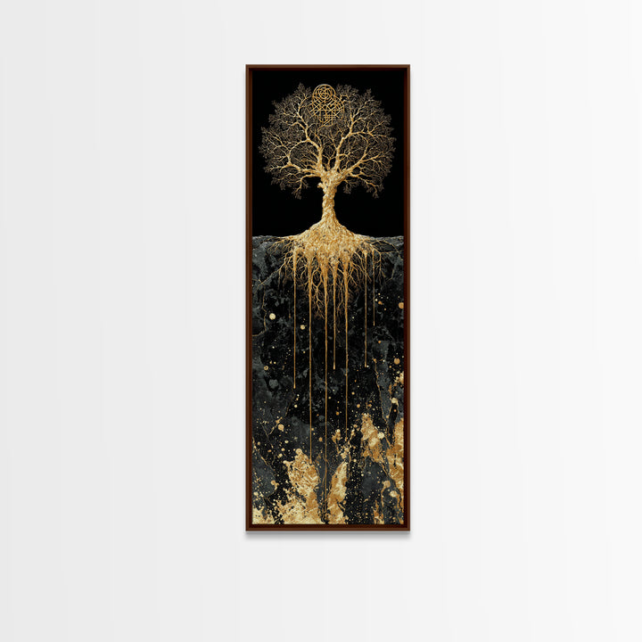 Canvas Art Yggdrasil Nordic Tree of Life, Canvas Gold Art framed with real wood, Norse Mythology inspired office or dad gift wall art