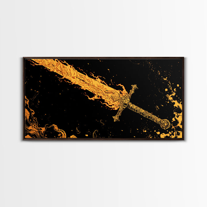 Surtur’s Flaming Sword Canvas Gold Art Canvas Art Viking Wall Decor, Norse Mythology Office Gift with Real Wood Frame