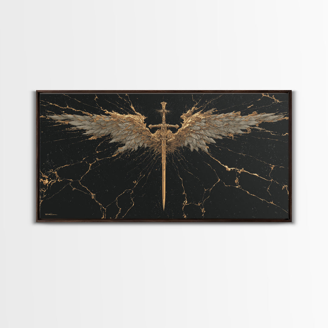 Winged Sword Canvas Gold Art Canvas Art Norse Mythology Wall Art Framed in Real Wood, Viking Office Decor or Dad Gift