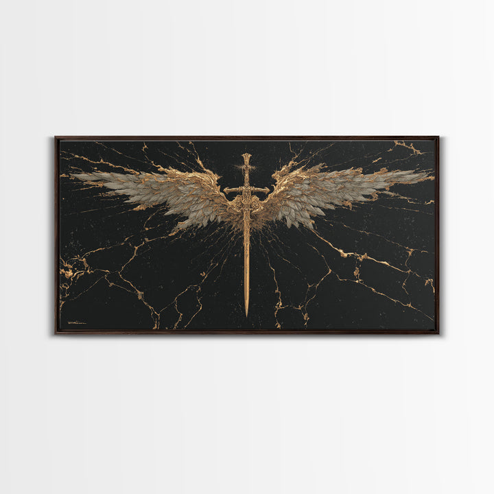 Winged Sword Canvas Gold Art Canvas Art Norse Mythology Wall Art Framed in Real Wood, Viking Office Decor or Dad Gift